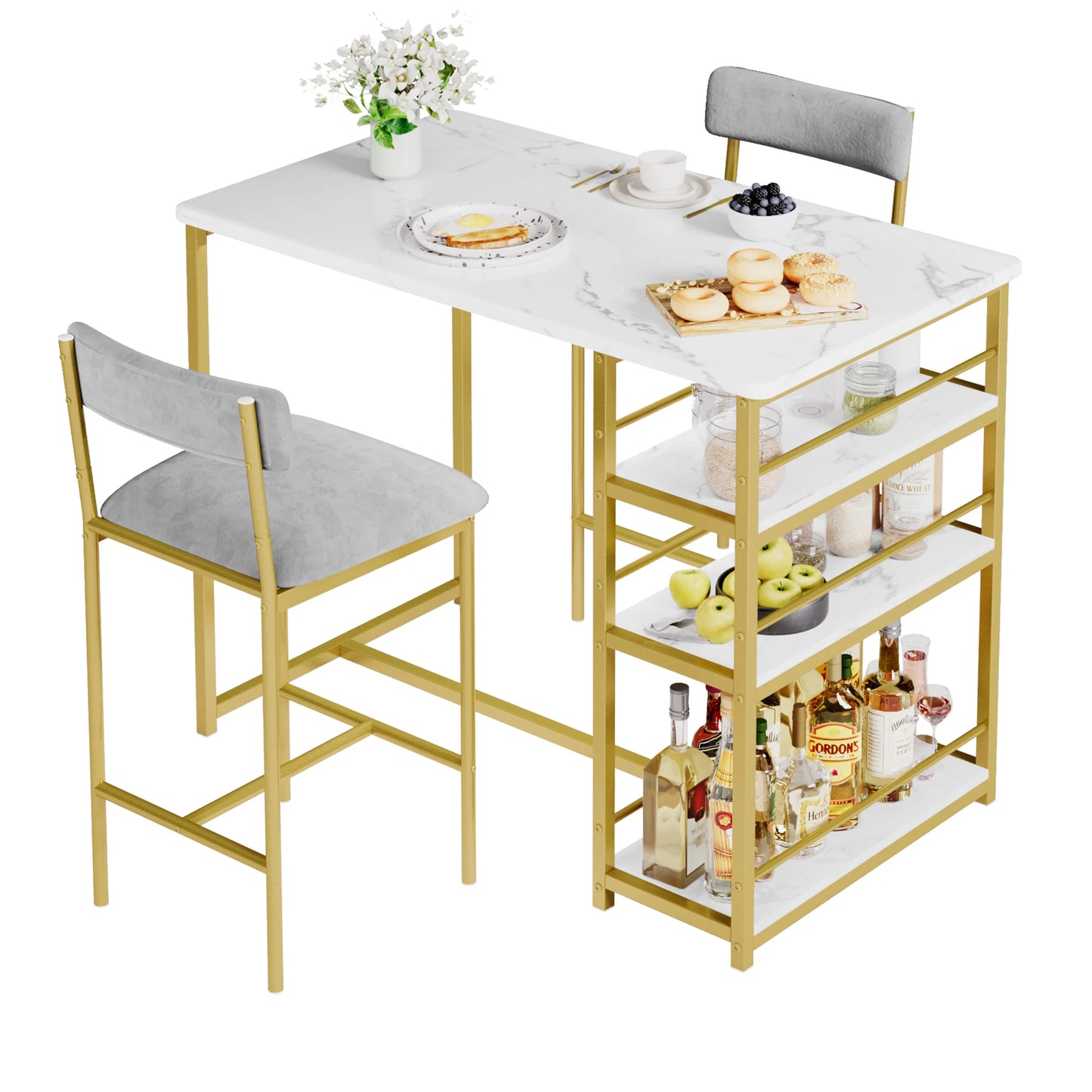 Dining Table and Chairs Set Space-Saving Bar Table with 2 PU Cushioned Stools