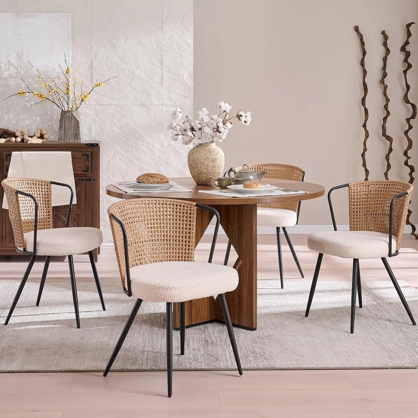 Rattan Dining Chairs with Boucle Cushion and Metal Legs