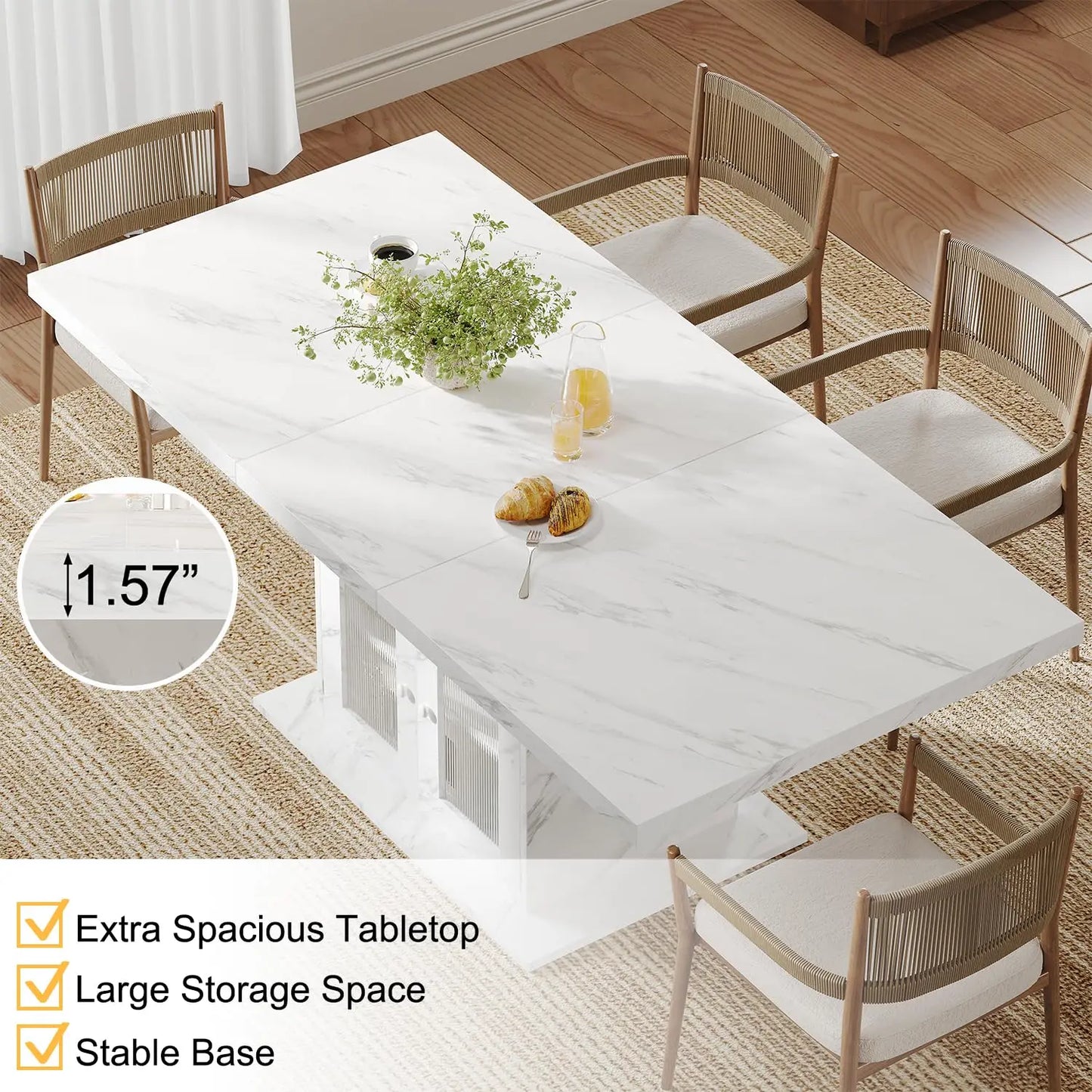 Rectangle Dining Table with Faux Marble Top Storage Shelves Cabinet