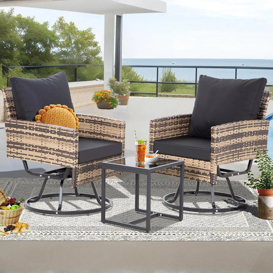 Swivel Patio Furniture Set with Glass Coffee Table and Thick Cushions