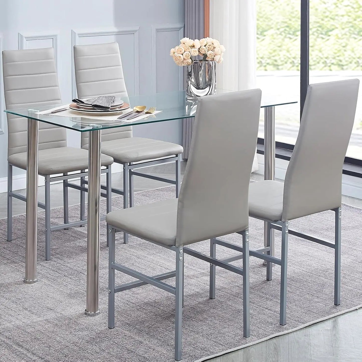 Glass Rectangular Dining Table with Faux Leather Chairs