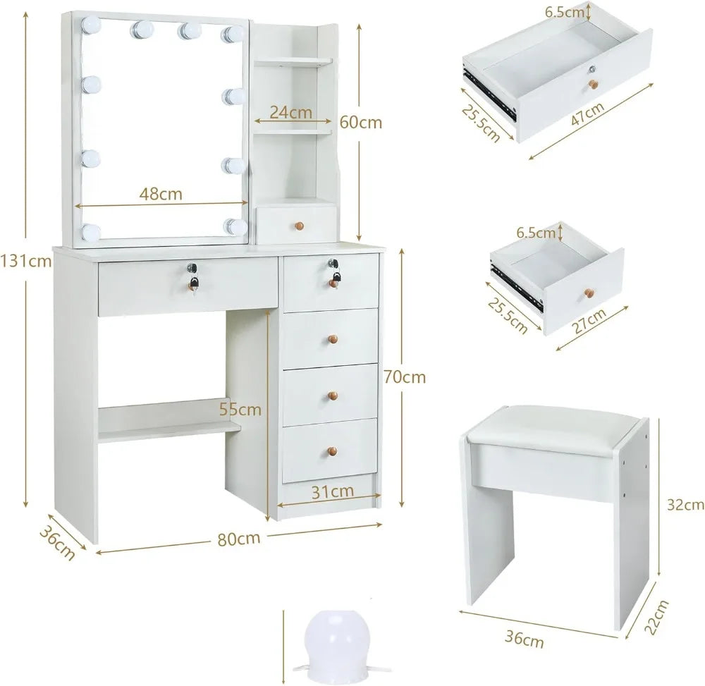 Makeup Vanity Table with LED Lights, Cabinet & Stool