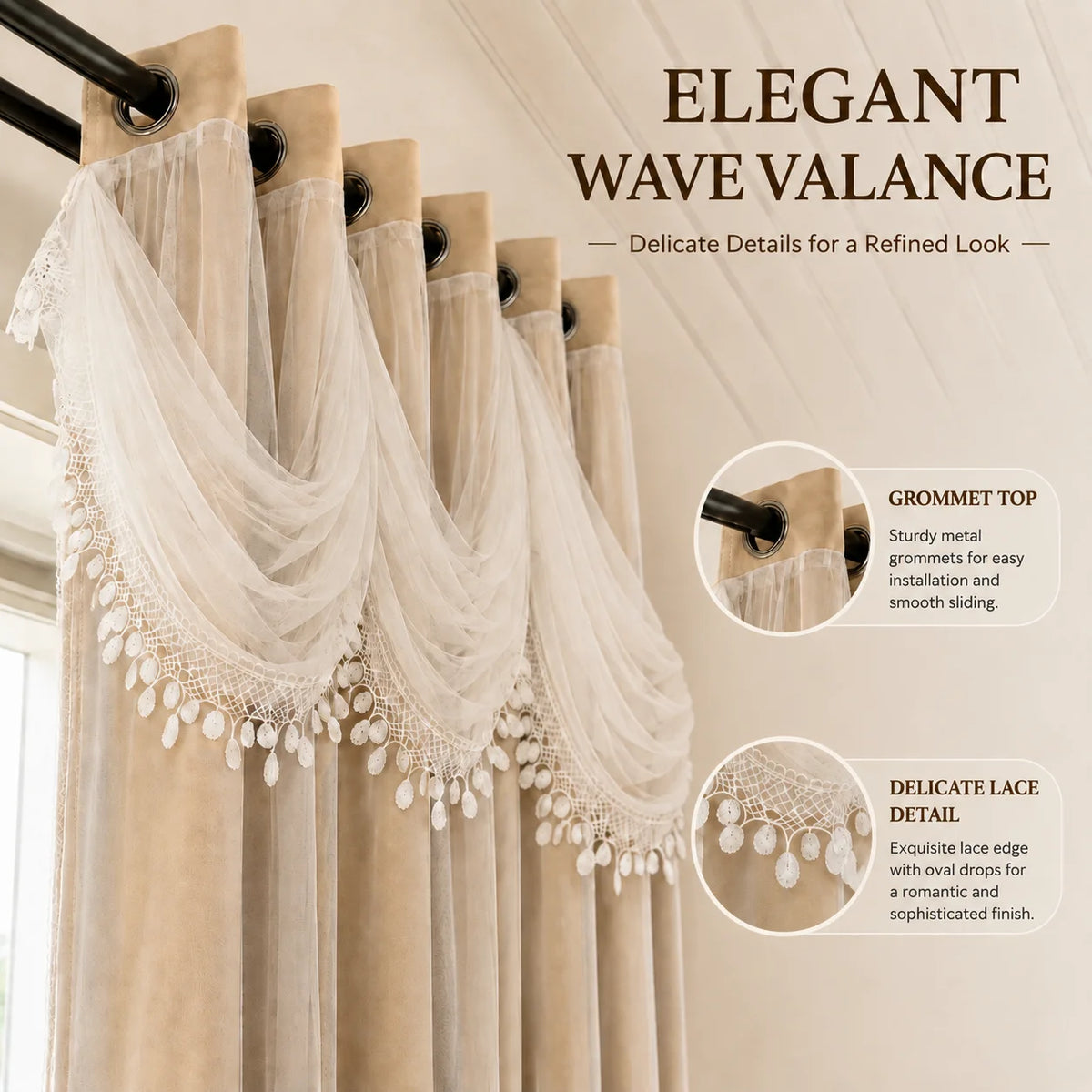 Elegant Wave Valance Blackout Curtains with Layered Sheer Drapes