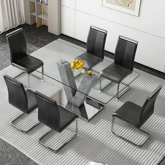 Glass Dining Room Table Set with 6 PU Leather Dining Chairs