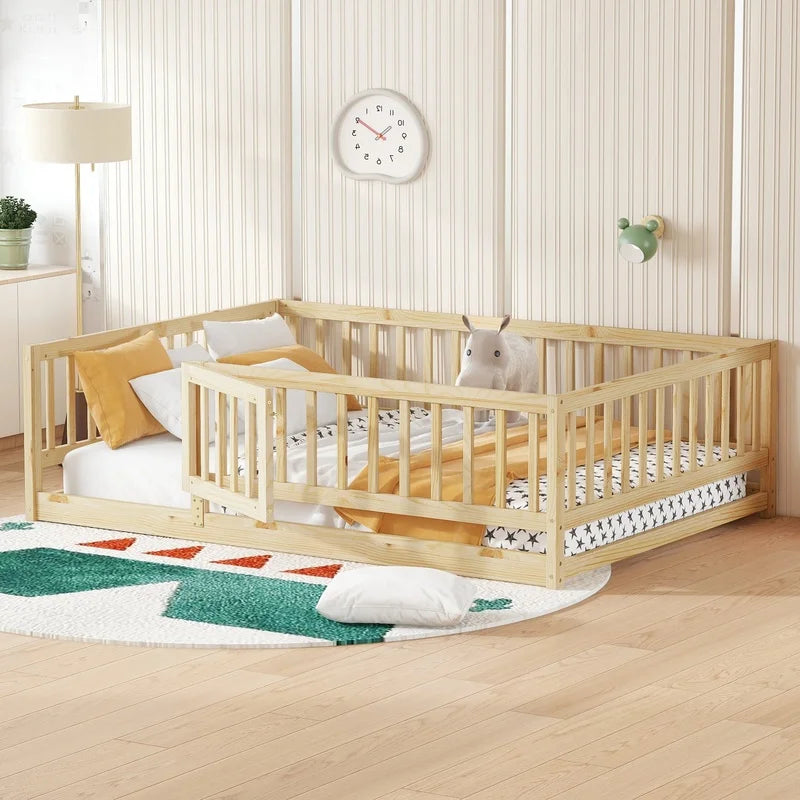 Montessori Floor Bed with Slats with Fence and Door