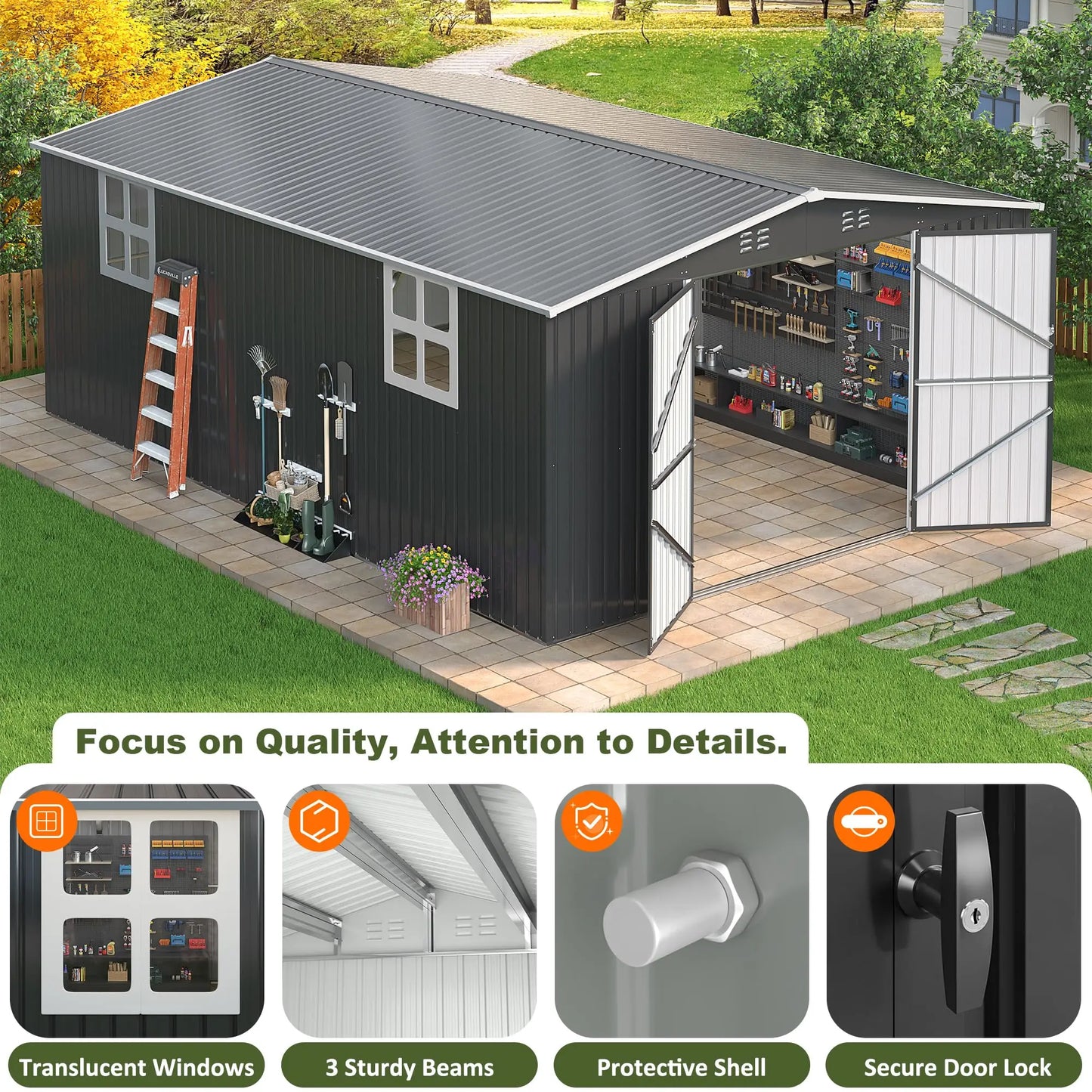 Outdoor Metal Storage Shed w/ Windows, Lockable Door