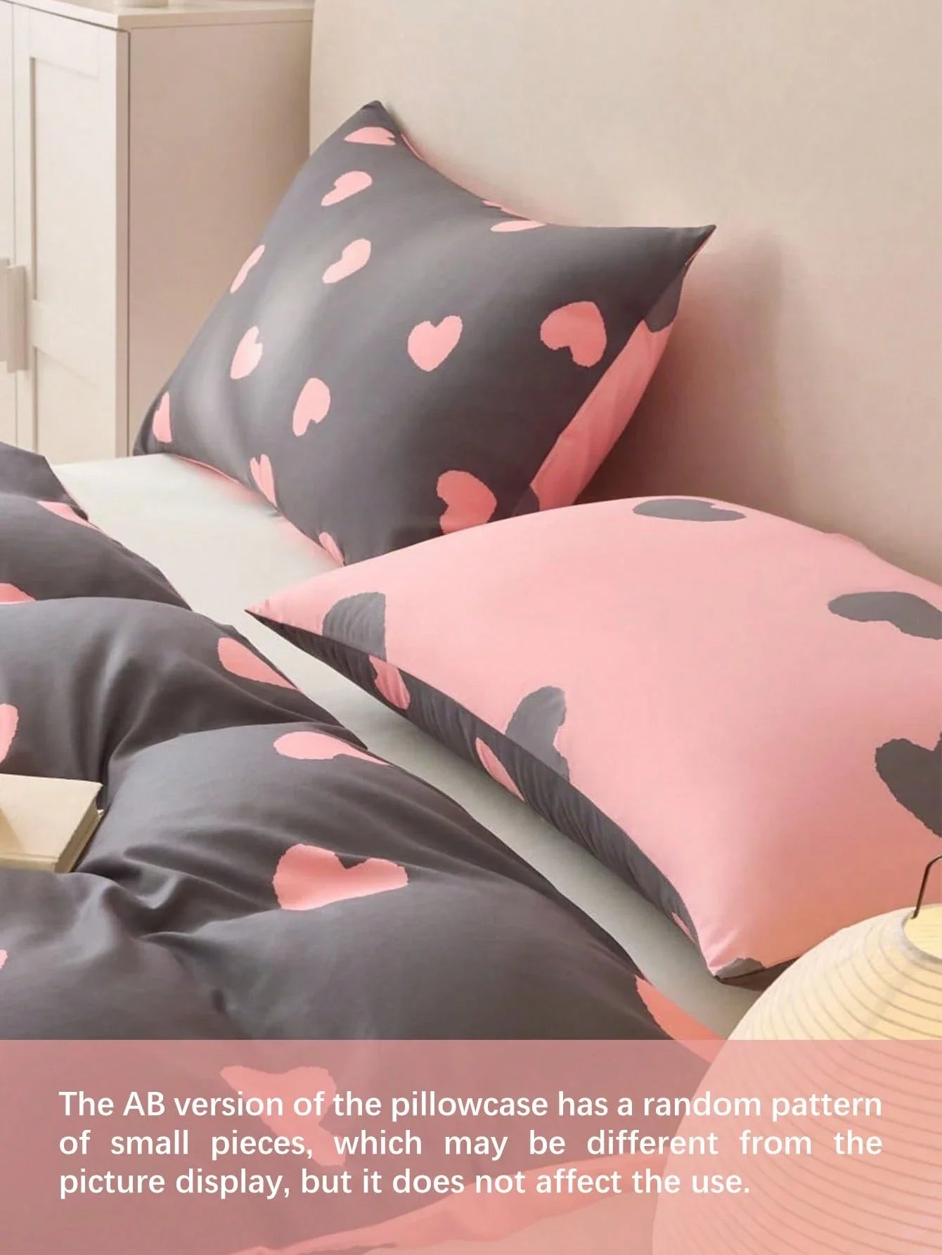Gray And Pink Heart Print Duvet Cover Set