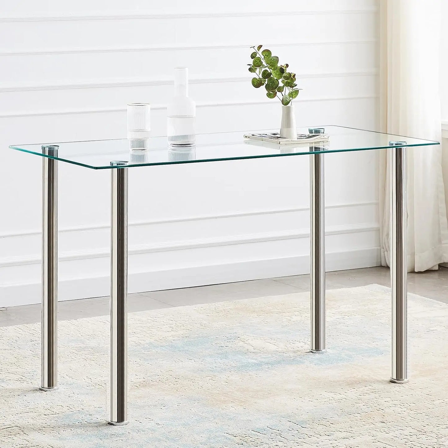 Glass Rectangular Dining Table with Faux Leather Chairs