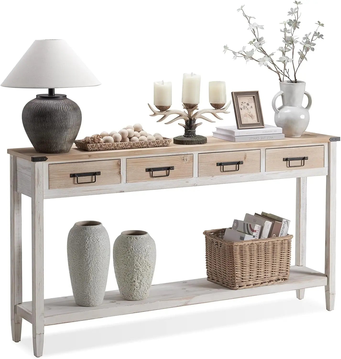 Rustic Entryway Table with Open Storage Shelves and Handmade Metal Handle