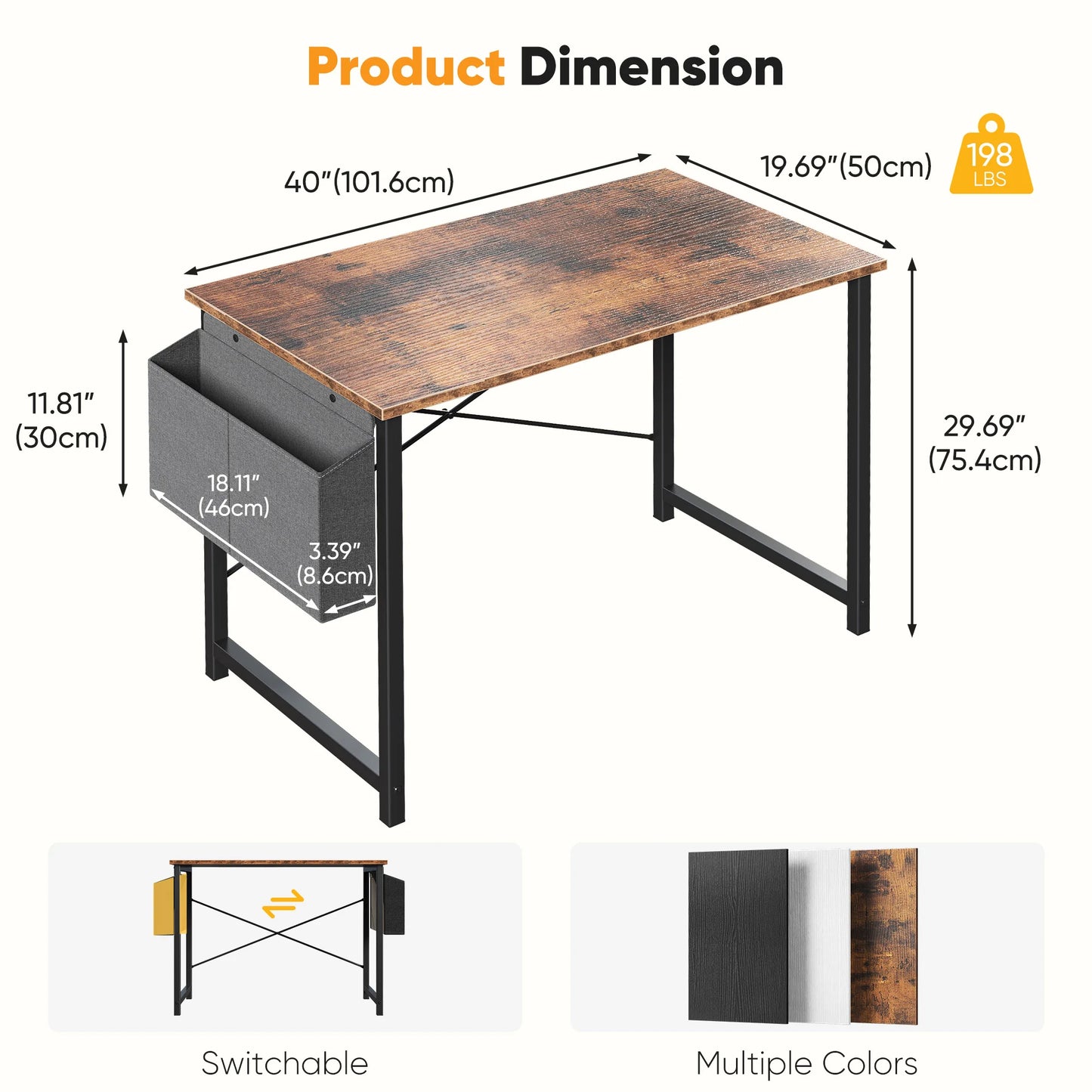 Writing Study Table with Storage Bag Metal Frame