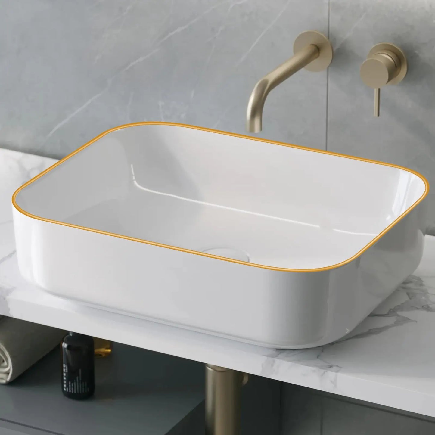 Elegant Modern Ceramic Style Gold Rim Rectangular Vessel Sink