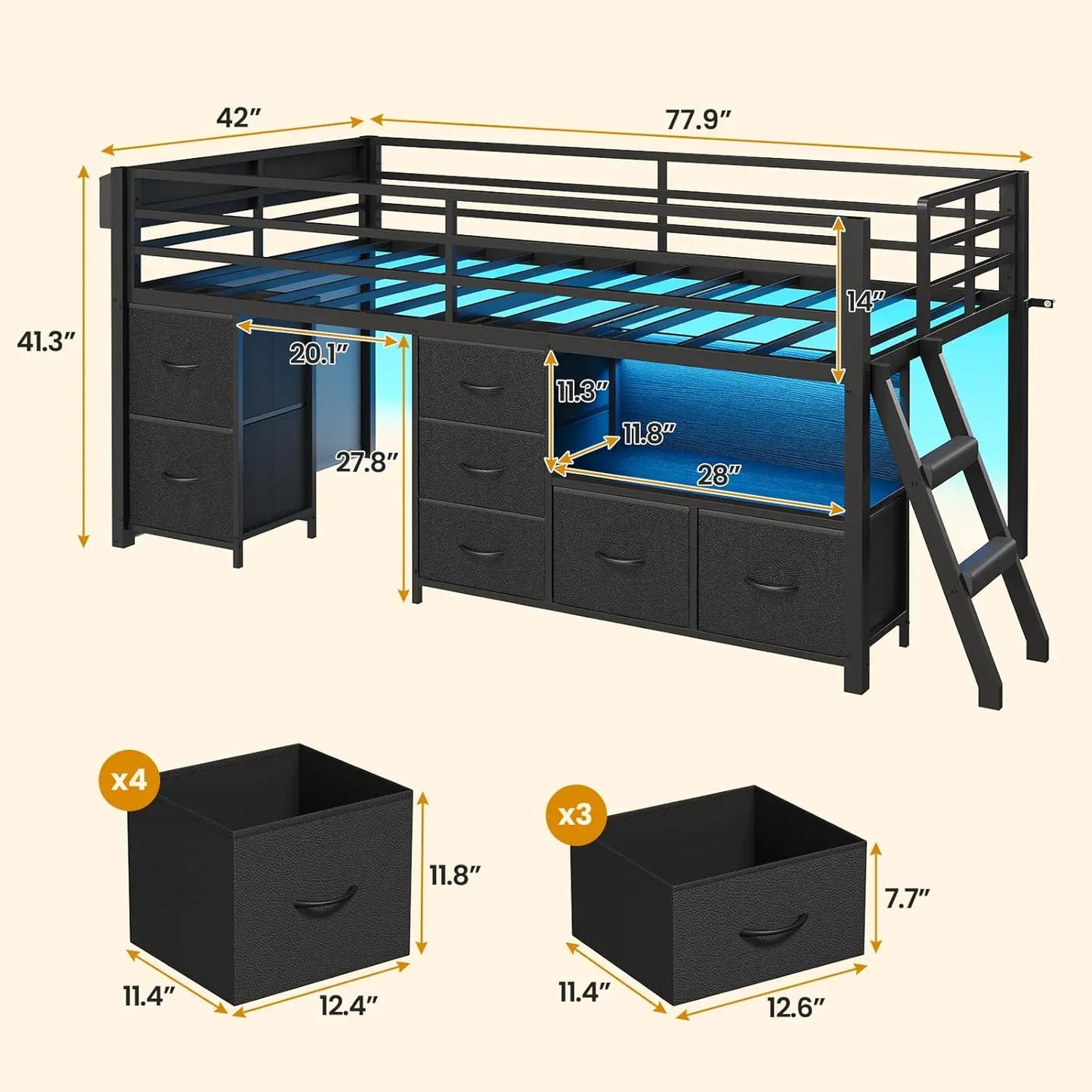 Metal Low Loft Bed Twin Size with Bookcase and LED Lights
