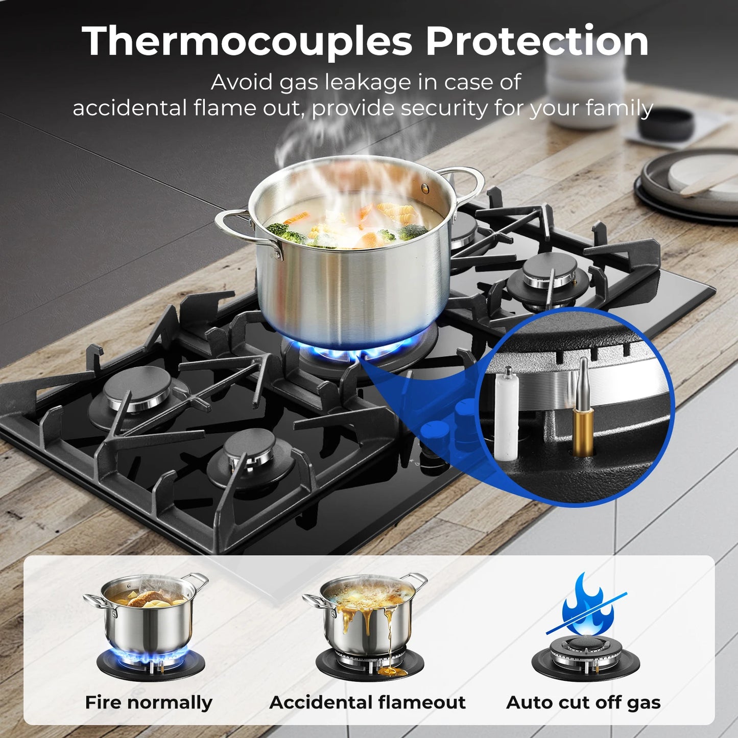 Stove Top Built-in NG/LPG Convertible with Thermocouple Protection