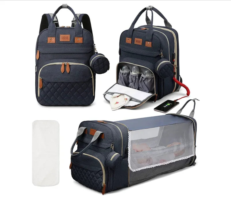Diaper Bag Backpack with Foldable Baby Bed Waterproof