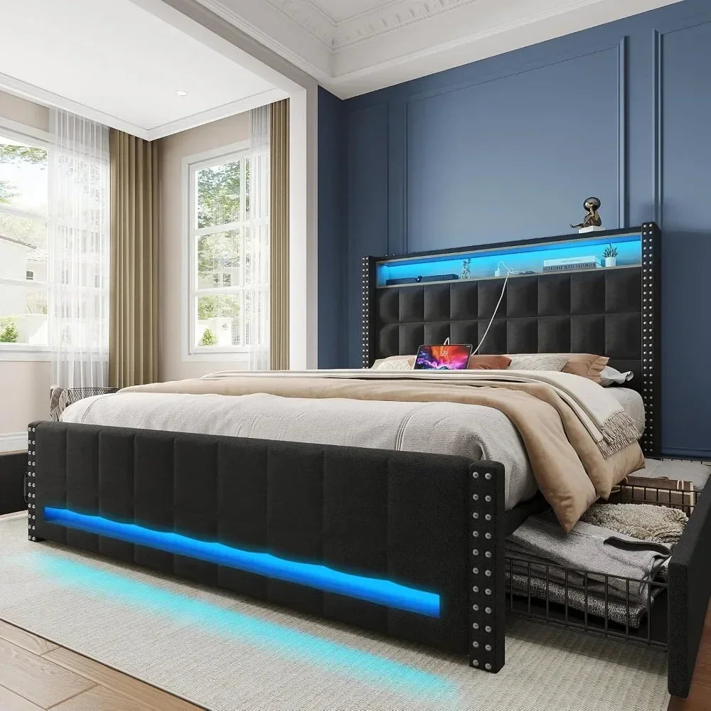 Bed Frame with 4 Storage Drawers with LED Light