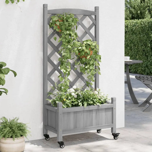 Gray Solid Wood Fir Planter with Trellis and Wheels