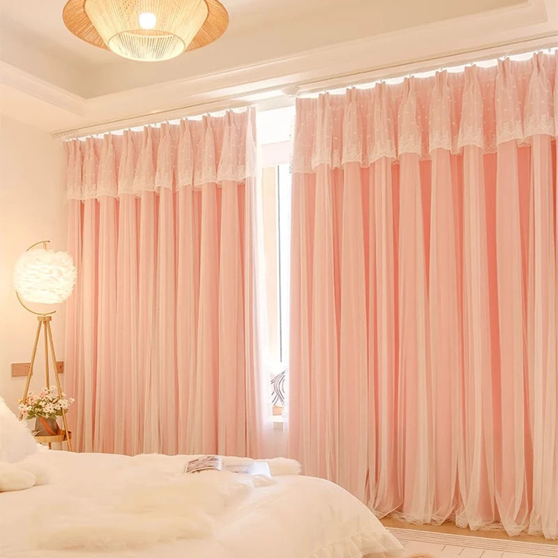 2pcs girls double princess style French pink curtain