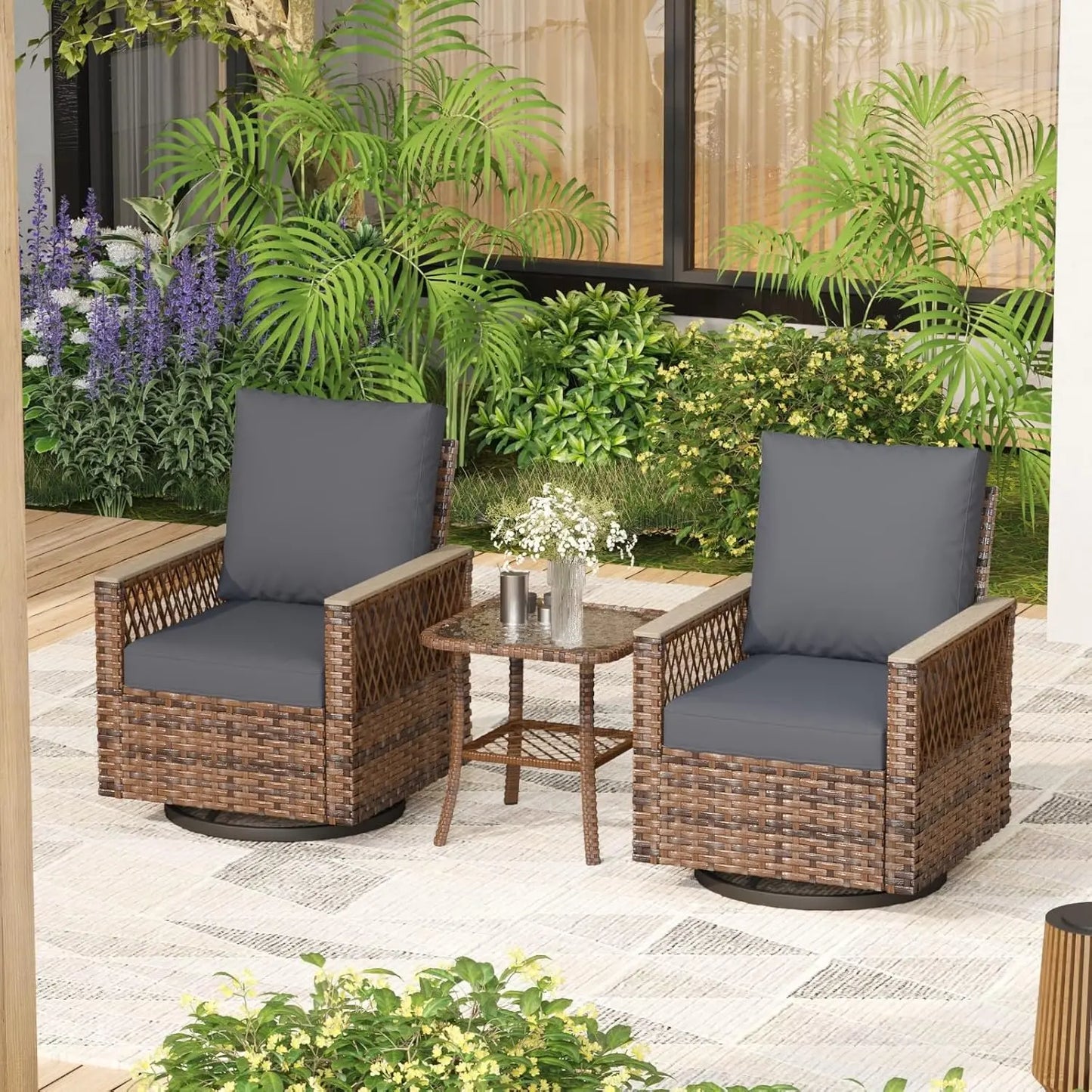 3 Pcs All-Weather Wicker Patio Bistro Set with Table and Thickened Cushions and High Back