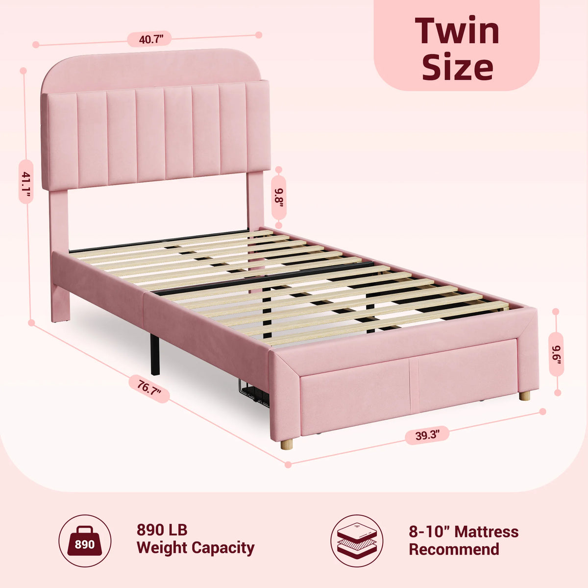 Twin Bed Frame with Bookcase Headboard & Storage Drawer