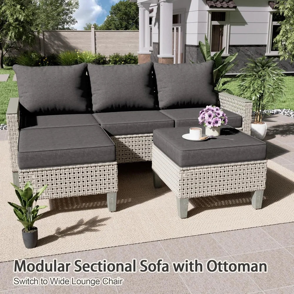 Outdoor Patio Furniture Set with Sectional Sofa, Ottomans and Thick Cushions