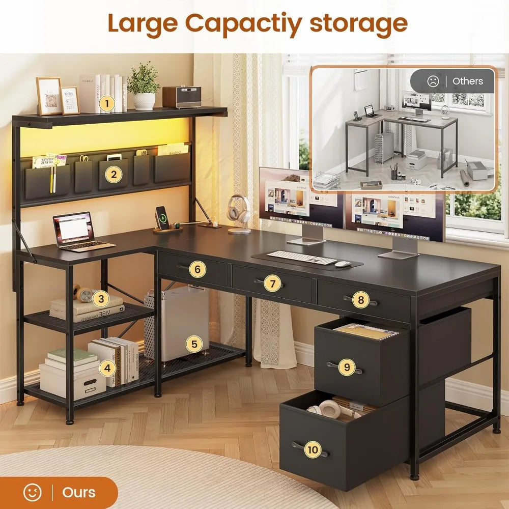 L Shaped Reversible Computer Desk with Bookshelf and Storage Shelves