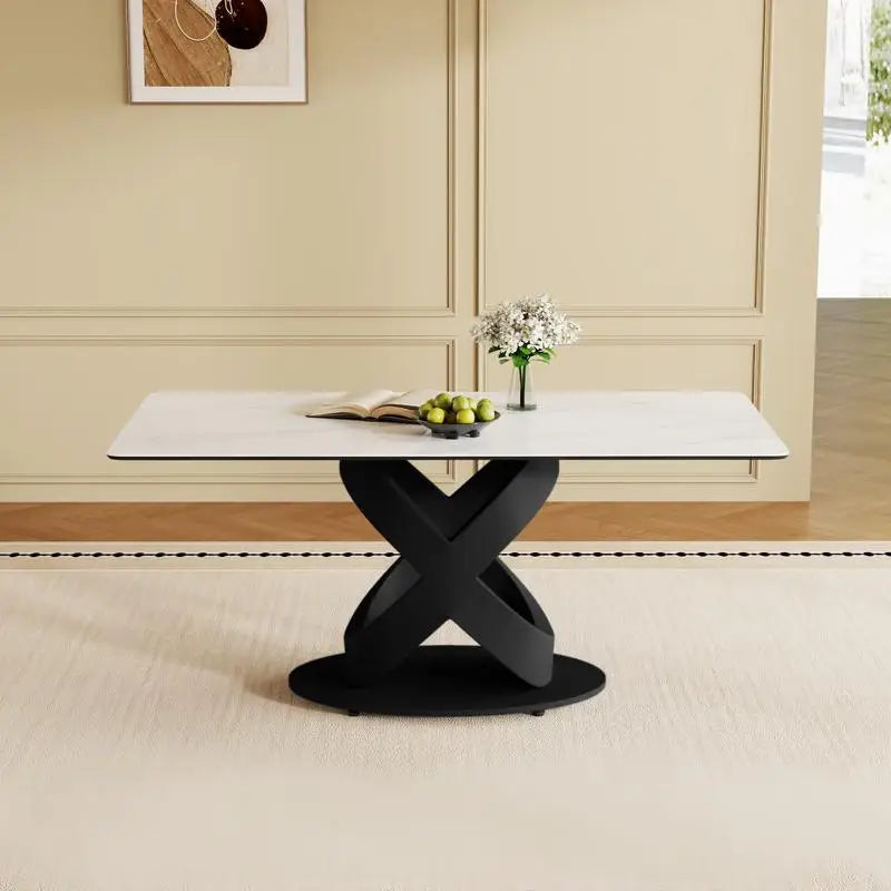 Modern Luxury Rectangular Dining Table with Centered Stone Top and Carbon Steel Base