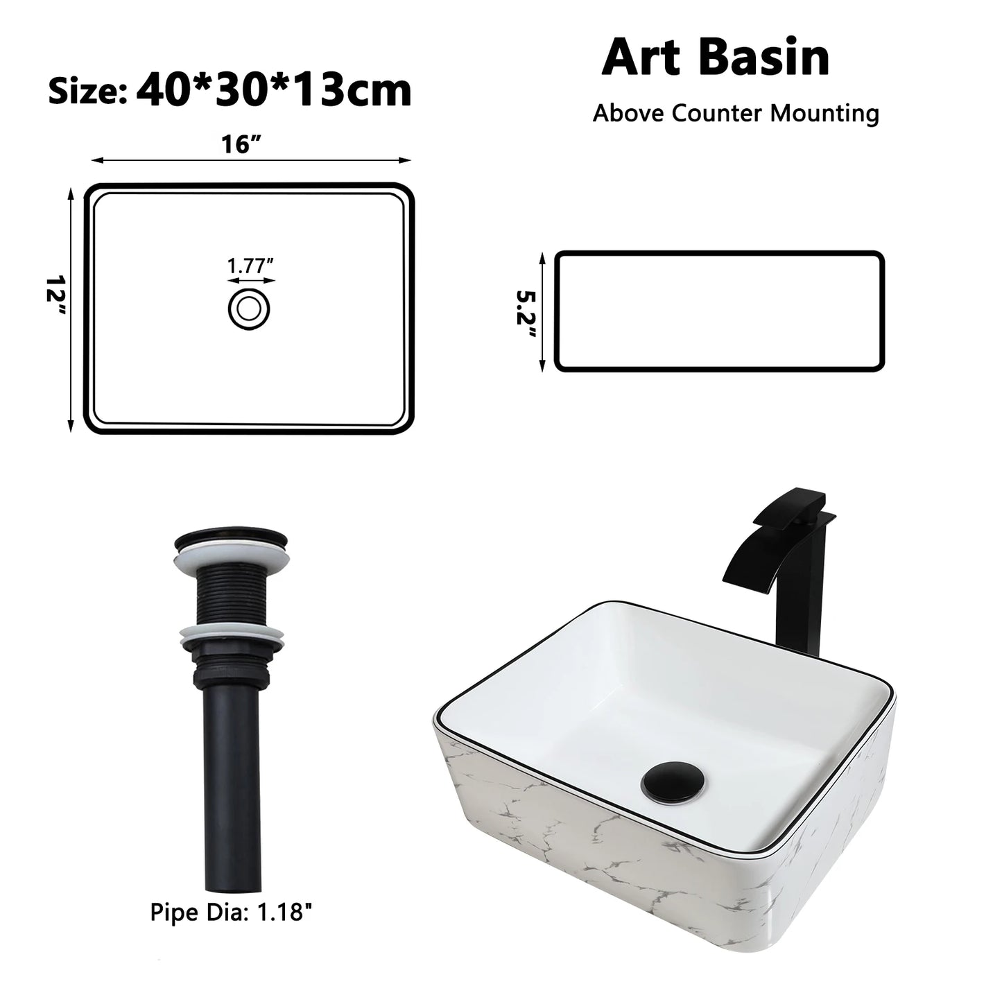 Ceramic White Vessel Sink with Black Trim