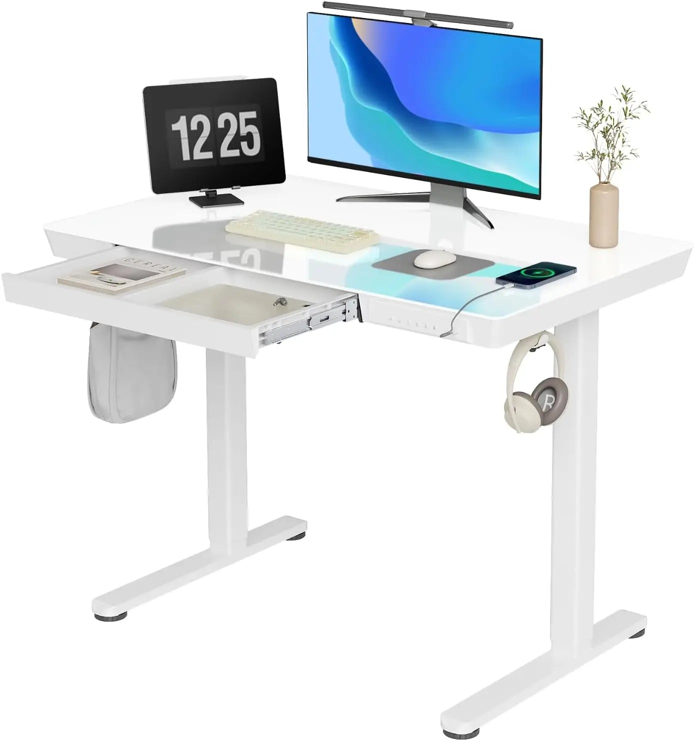 Glass Standing Desk with Drawers