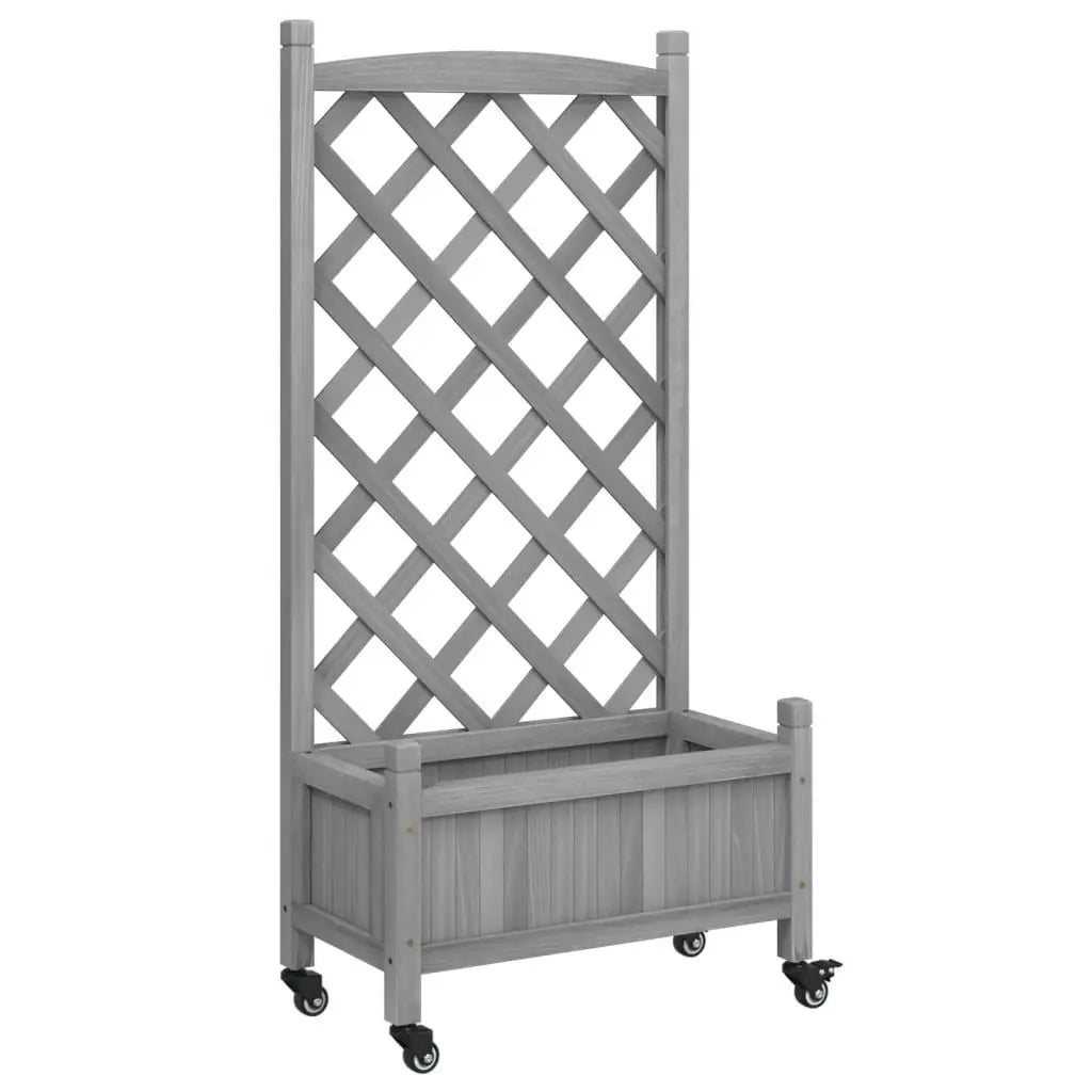 Gray Solid Wood Fir Planter with Trellis and Wheels