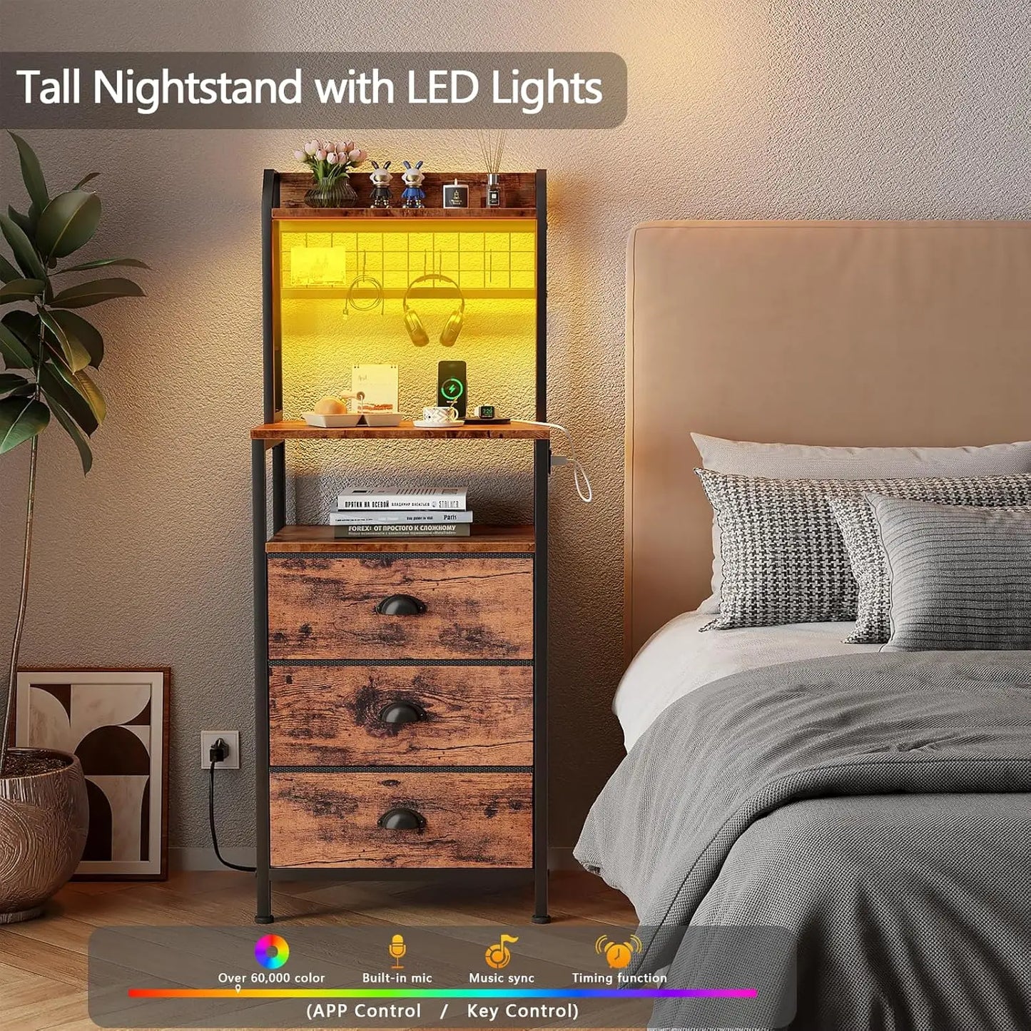 Bedside Table with LED Lights with Charging Station