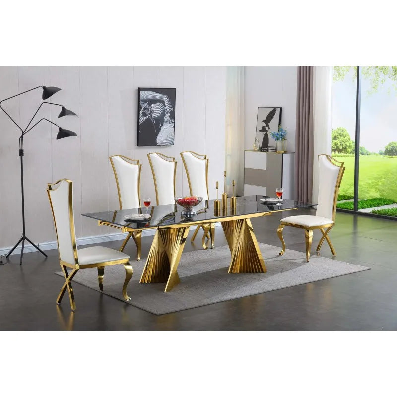 Dining Table with Black Marble Top & Tempered Glass