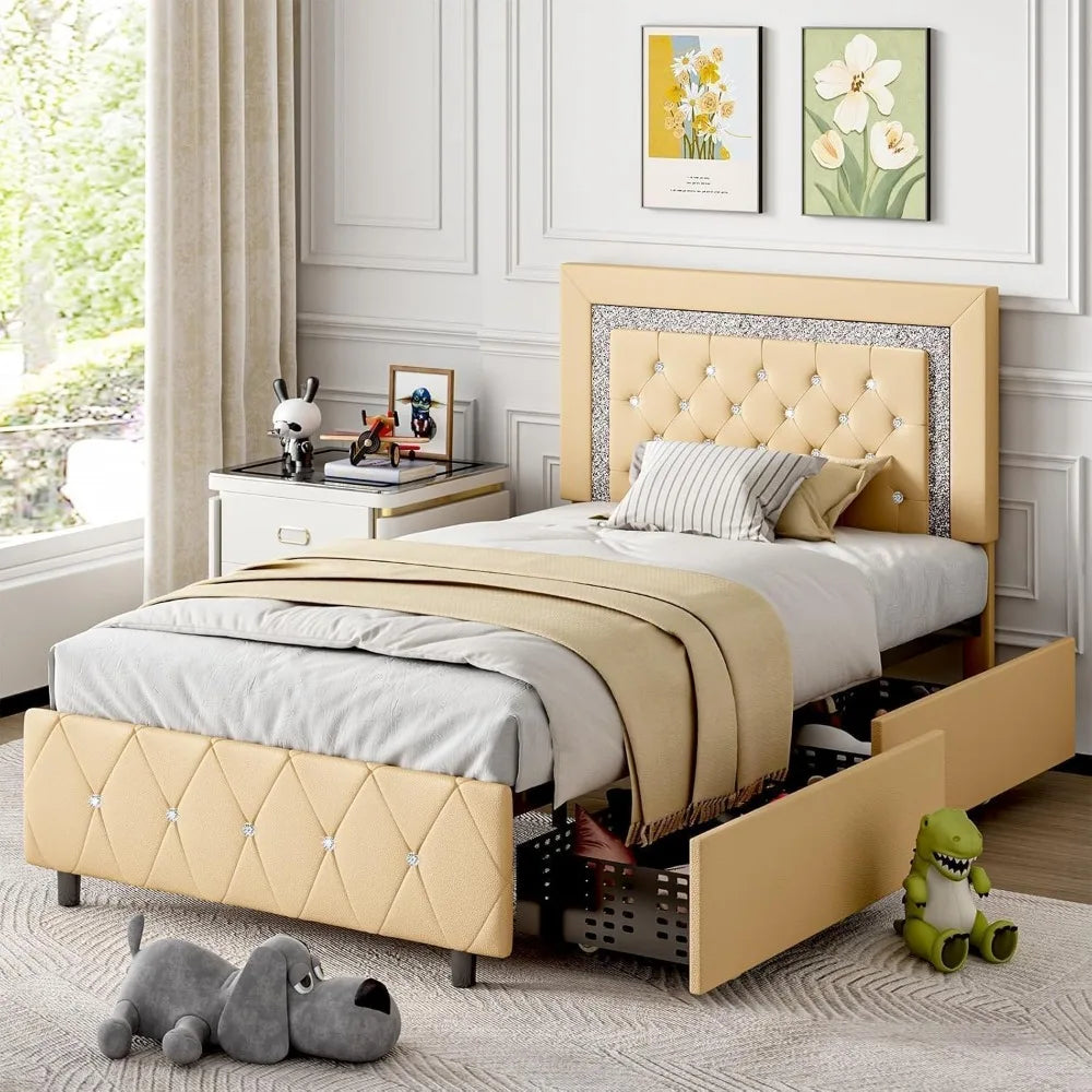 Twin Bed Frame with Storage Drawers & LED Lights