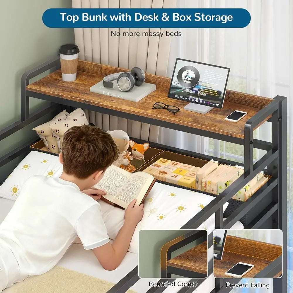 Triple Bunk Bed with Storage Dressers and Bed Shelves