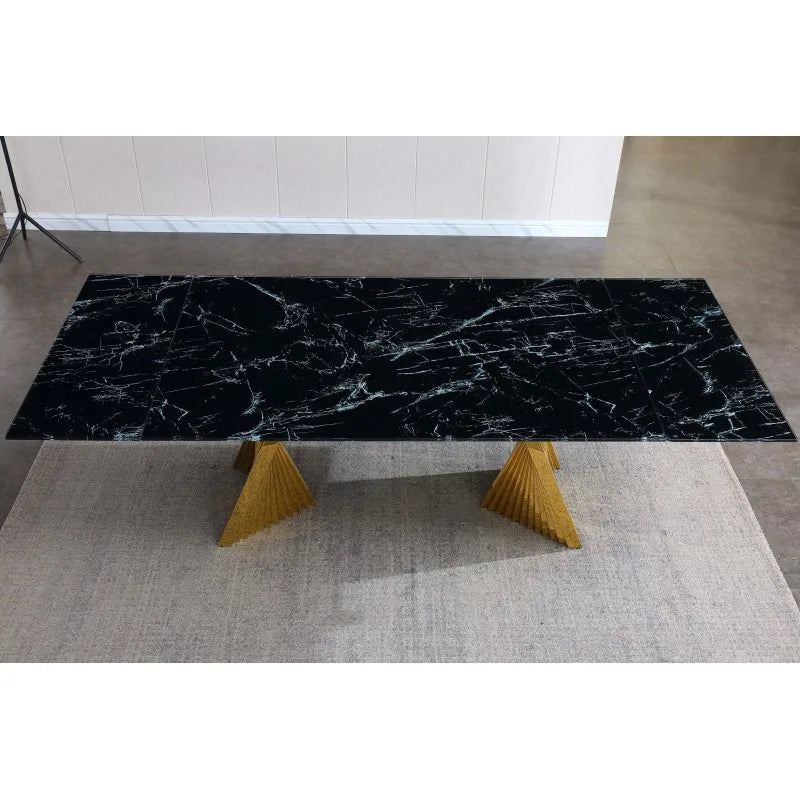 Dining Table with Black Marble Top & Tempered Glass