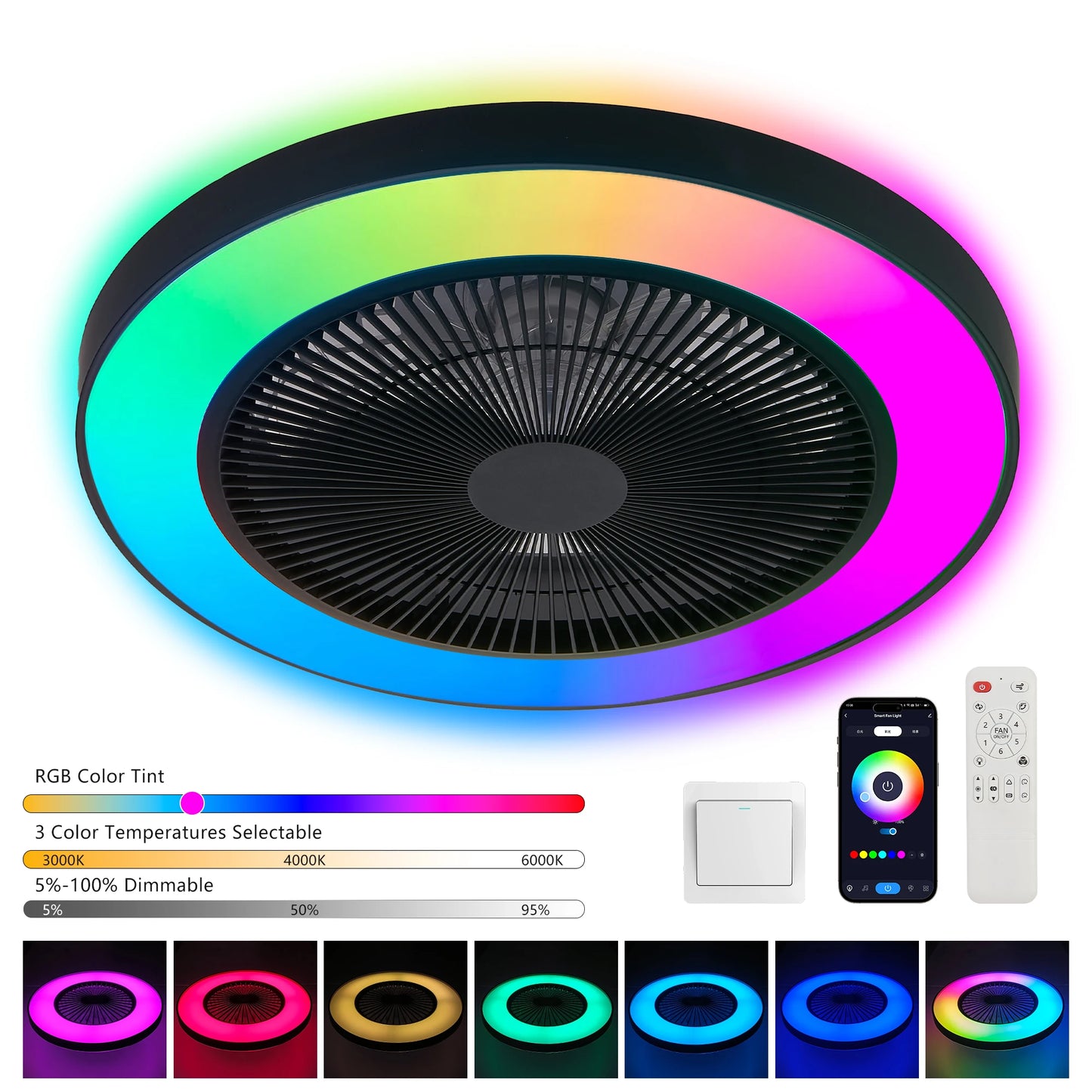 LED Ceiling Fan Light Smart RGB Lights with Remote