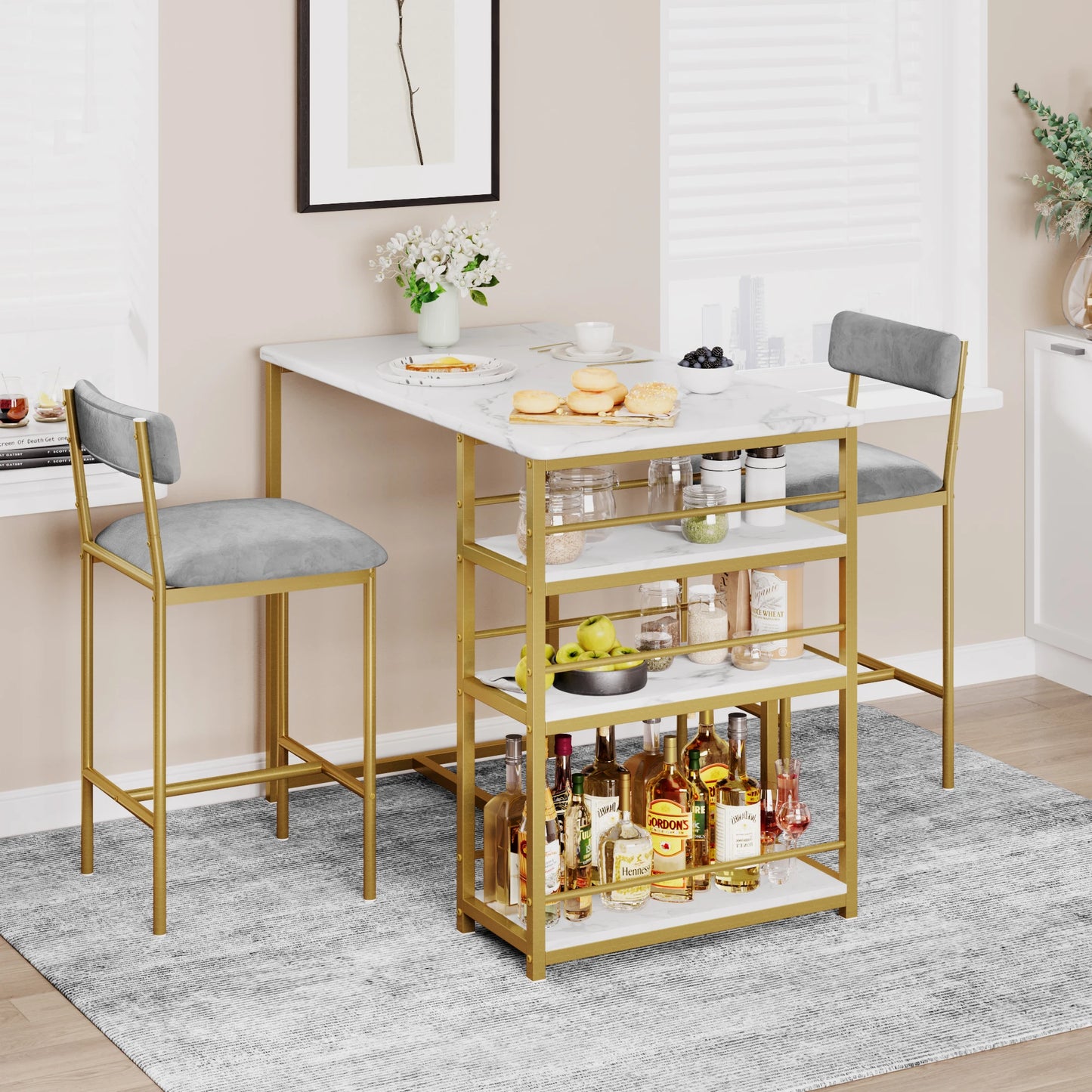 Dining Table and Chairs Set Space-Saving Bar Table with 2 PU Cushioned Stools