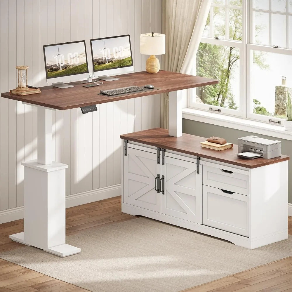 Farmhouse L Shaped Corner Desk with Storage Drawers