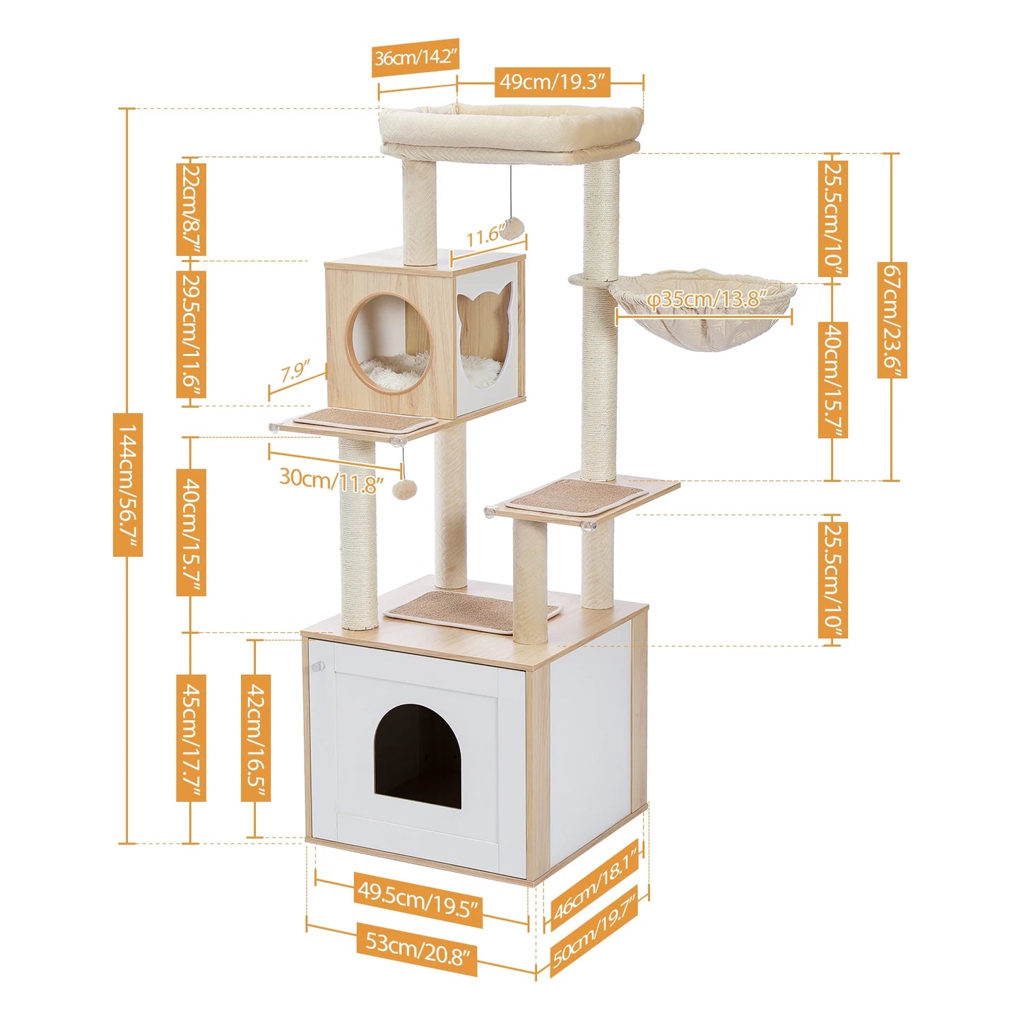 Cat Tree Tower Litter Box Wood Structure Storage with Hammock