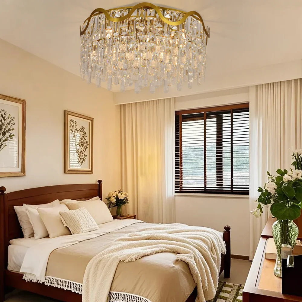 Luxury Gold Crystal Flush Mount Teardrop Crystal Chandelier
