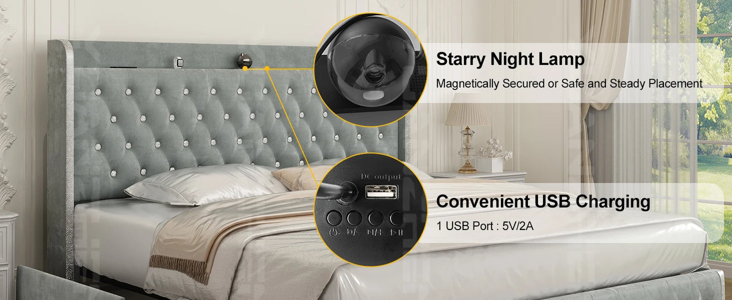Bed Frame, Galaxy Projector, Bluetooth Speaker, USB Ports, 4 Drawers, No Box Spring Needed