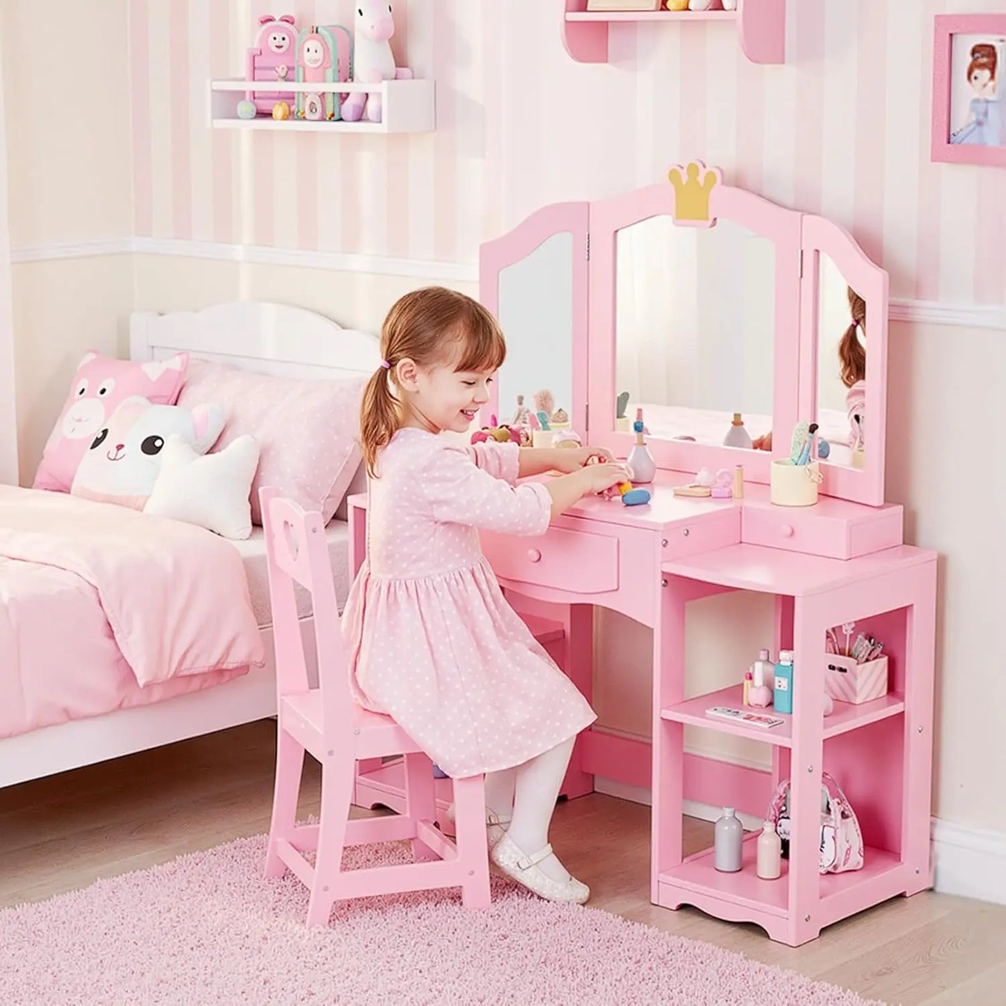 Extra-Wide Tri-Fold Mirror Vanity Table & Chair Set