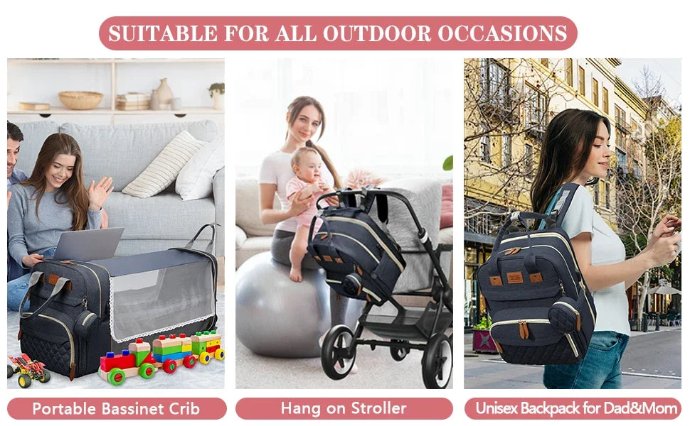 Diaper Bag Backpack with Foldable Baby Bed Waterproof