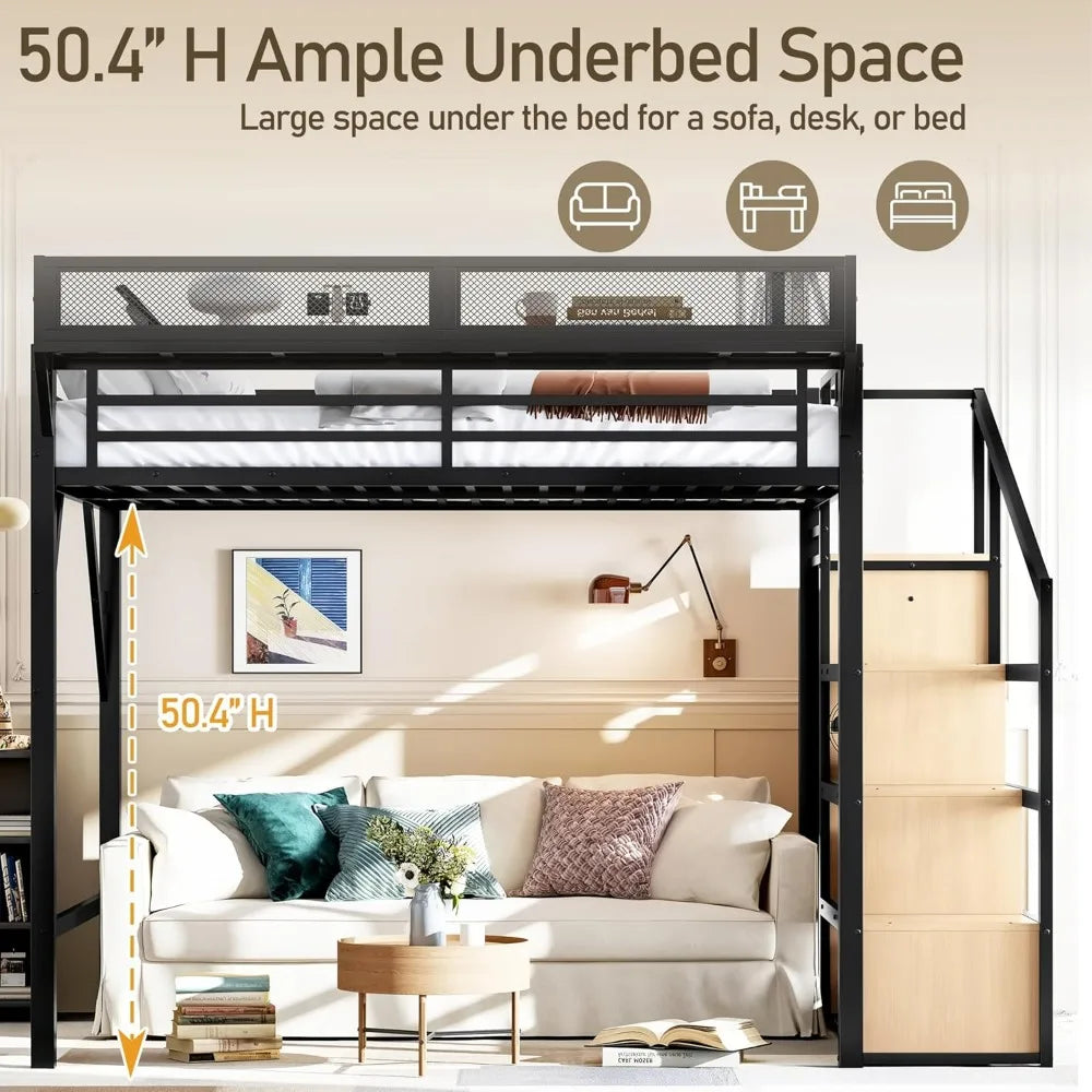 Metal Loft Bed Frame with Storage Stairs, Side Shelf, Wardrobe, USB Ports, and LED Lighting