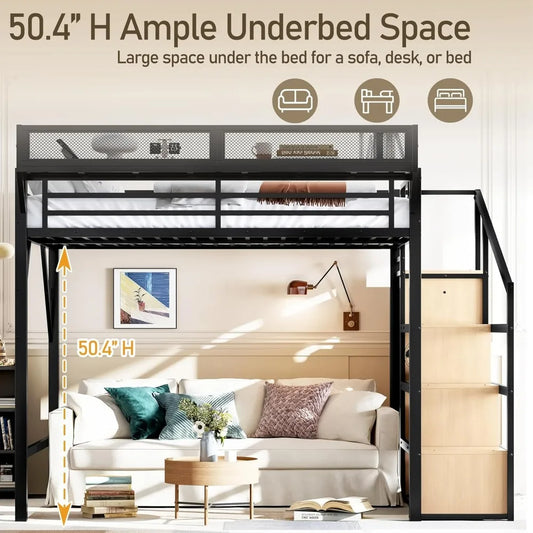 Metal Loft Bed Frame with Storage Stairs, Side Shelf, Wardrobe, USB Ports, and LED Lighting