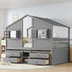 Floor House Bunk Bed with Low Bunker Bed Twin Over Twin