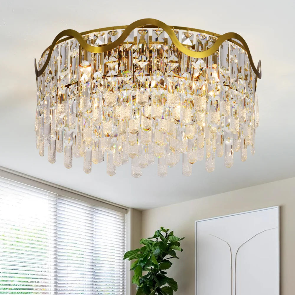Luxury Gold Crystal Flush Mount Teardrop Crystal Chandelier