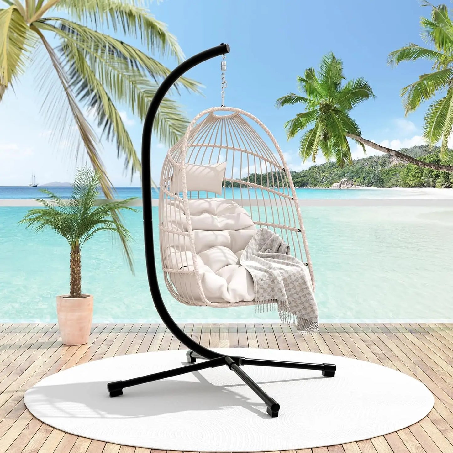 Outdoor Patio Wicker Swing Egg with Stand