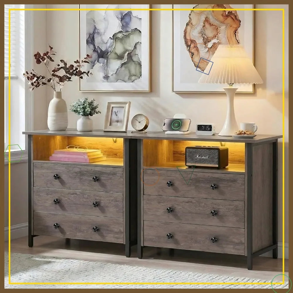 Large Nightstand with Charging Station & LED Lights