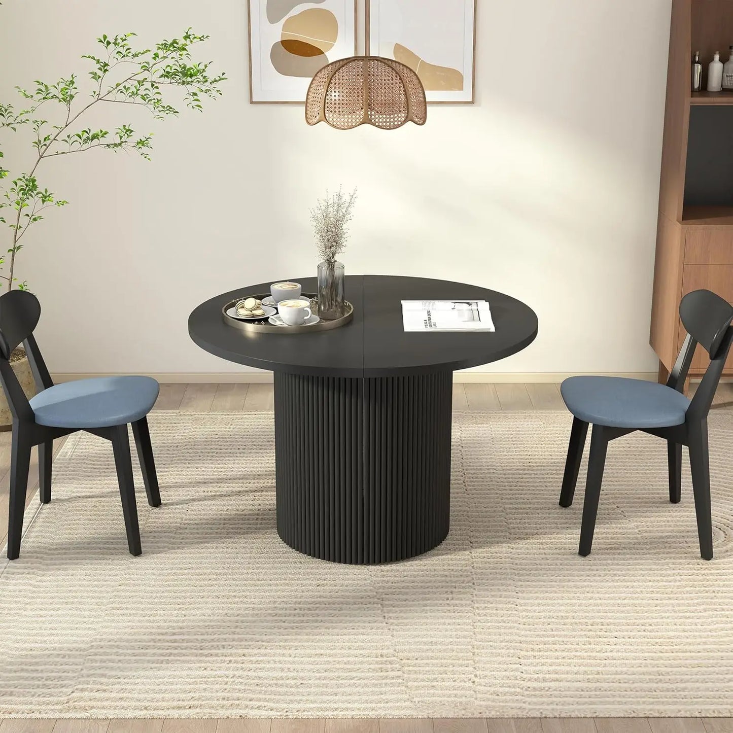 Fluted Base Modern Oval Round Extendable Dining Table