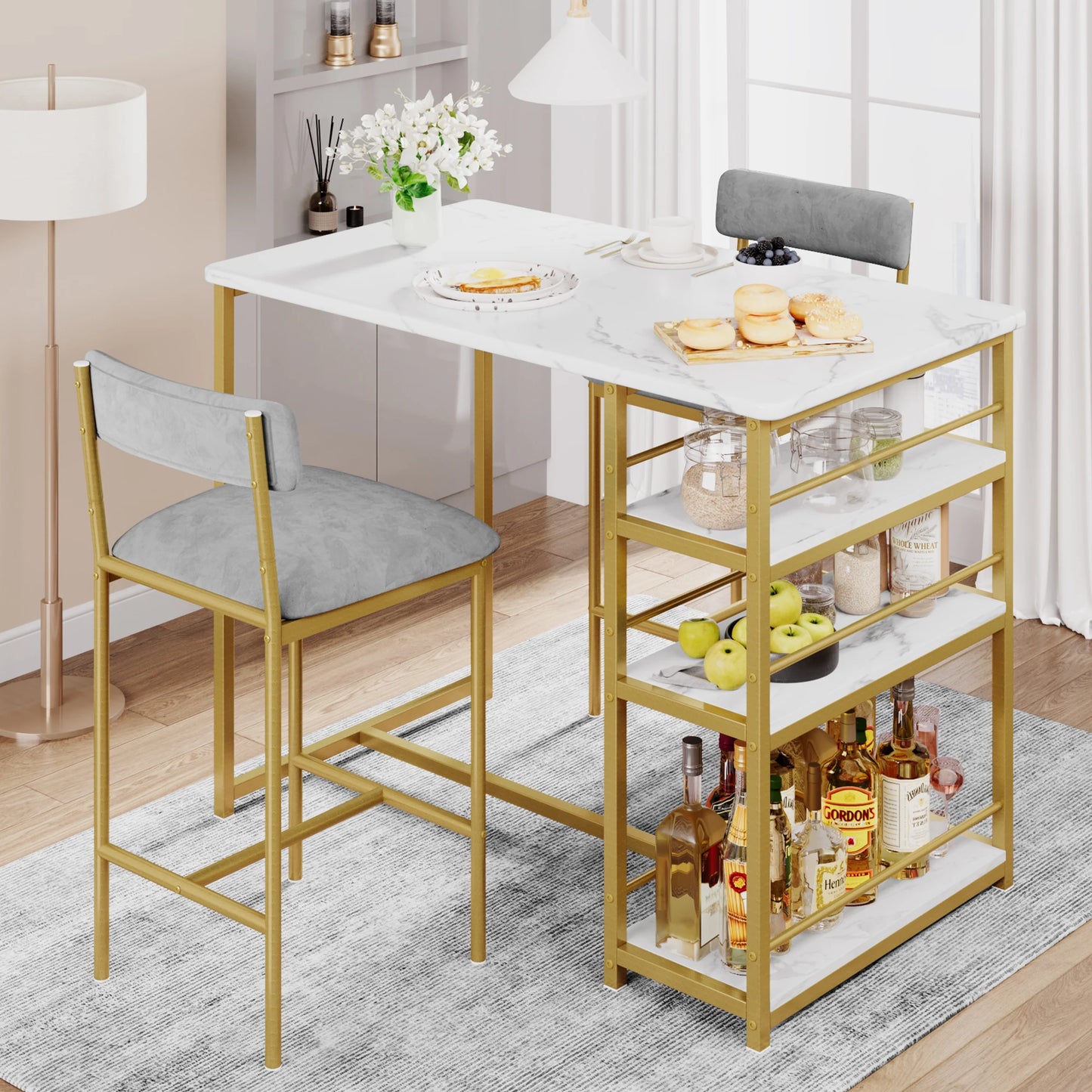 Dining Table and Chairs Set Space-Saving Bar Table with 2 PU Cushioned Stools